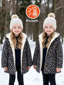 SHEIN Elladie kids 女童碎花連帽外套，雙排鈕扣門襟，中長版 A 字版型，連帽收口長袖冬季大衣，適合日常穿著 - 黑色 - 查看 6