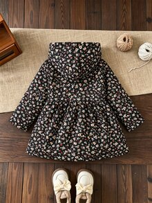 SHEIN Elladie kids 女童碎花連帽外套，雙排鈕扣門襟，中長版 A 字版型，連帽收口長袖冬季大衣，適合日常穿著 - 黑色 - 查看 3