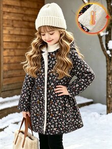 SHEIN Elladie kids 女童碎花連帽外套，雙排鈕扣門襟，中長版 A 字版型，連帽收口長袖冬季大衣，適合日常穿著 - 黑色 - 查看 9