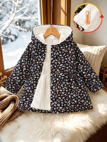 SHEIN Elladie kids 女童碎花連帽外套，雙排鈕扣門襟，中長版 A 字版型，連帽收口長袖冬季大衣，適合日常穿著 - 黑色 - 查看 12