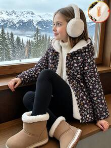 SHEIN Elladie kids 女童碎花連帽外套，雙排鈕扣門襟，中長版 A 字版型，連帽收口長袖冬季大衣，適合日常穿著 - 黑色 - 查看 4
