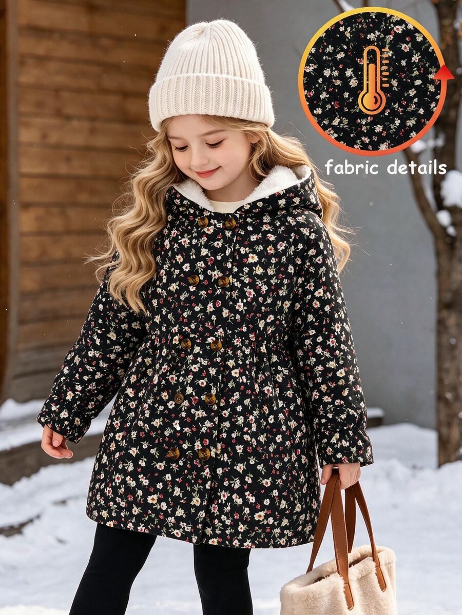 SHEIN Elladie kids 女童碎花連帽外套，雙排鈕扣門襟，中長版 A 字版型，連帽收口長袖冬季大衣，適合日常穿著