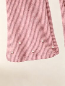 SHEIN 女童長袖T恤與喇叭褲套裝，適合秋冬，粉色珍珠裝飾，高領，不對稱下擺，7歲生日 - 粉色 - 查看 9