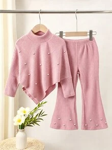 SHEIN 女童長袖T恤與喇叭褲套裝，適合秋冬，粉色珍珠裝飾，高領，不對稱下擺，7歲生日 - 粉色 - 查看 10