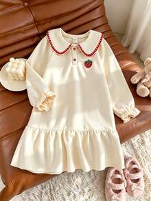 SHEIN Elladie kids 女童荷葉邊公主仙女長袖連身裙，秋季白色翻領草莓衛衣，7歲生日洗禮禮服，優雅時尚 - 杏色 - 查看 3