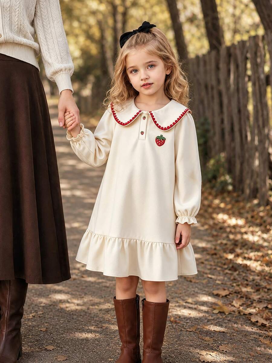 SHEIN Elladie kids 女童荷葉邊公主仙女長袖連身裙,秋季白色翻領草莓衛衣,7歲生日洗禮禮服,優雅時尚 - 杏色 - 查看 1