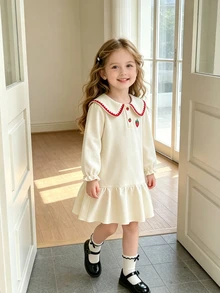 SHEIN Elladie kids 女童荷葉邊公主仙女長袖連身裙，秋季白色翻領草莓衛衣，7歲生日洗禮禮服，優雅時尚 - 杏色 - 查看 6