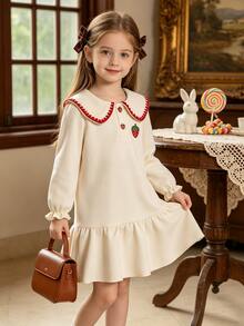 SHEIN Elladie kids 女童荷葉邊公主仙女長袖連身裙，秋季白色翻領草莓衛衣，7歲生日洗禮禮服，優雅時尚 - 杏色 - 查看 8