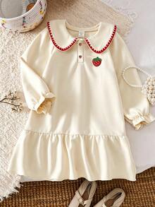 SHEIN Elladie kids 女童荷葉邊公主仙女長袖連身裙，秋季白色翻領草莓衛衣，7歲生日洗禮禮服，優雅時尚 - 杏色 - 查看 5