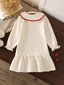 SHEIN Elladie kids 女童荷葉邊公主仙女長袖連身裙，秋季白色翻領草莓衛衣，7歲生日洗禮禮服，優雅時尚 - 杏色 - 查看 2