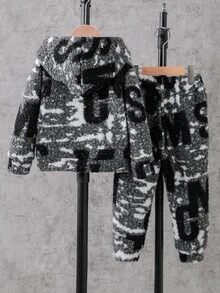 SHEIN 2件組小男孩休閒長袖舒適保暖內裡加厚連帽提花毛絨拉鍊外套與長褲套裝，適合日常休閒戶外穿著，秋冬保暖穿搭 - 黑色 - 查看 2