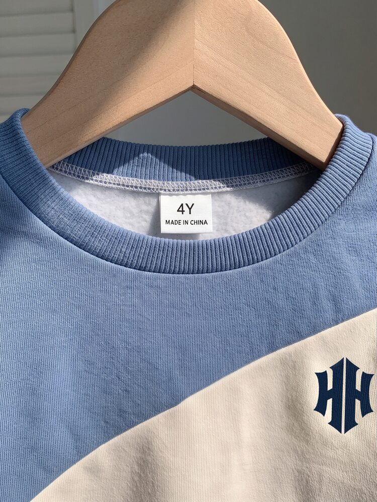Boys' (Small) Sweatshirt Set: Crew Neck Sweatshirt With Jogger Pants. Top: Blue, Beige, And Navy Blue Diagonal Color-Block Design, Minimalist Logo On Chest, Ribbed Collar, Cuffs, And Hem; Pants: Navy Blue, Matching Series Logo, Elastic Waist + Ribbed Cuffs, Thermal Lined, Warm And Thick - Multicolor - View 7
