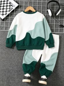 SHEIN 小男孩運動衫套裝，經典幾何圖案清新綠色與白色拼色波浪印花多色針織舒適柔軟圓領套頭運動衫長袖上衣，搭配同款鬆緊腰長褲，小男孩長袖長褲套裝，小男孩服飾，小男孩兩件套，適合秋冬，簡約百搭，適合4-7歲 - 彩色 - 查看 7