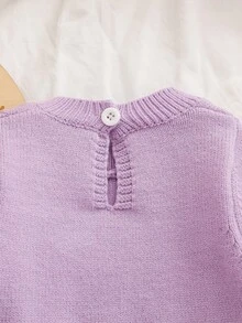 SHEIN 女嬰女童針織長袖圓領套頭連身毛衣，舒適秋季/冬季穿著，扭繩設計，時尚俏皮優雅時髦，手工鉤編花朵，可愛優雅淑女風，做工紮實精緻，紫色，適合日常穿搭 - 淡紫色 - 查看 3