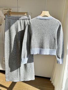 2pcs Tween Girls Teen Girls Casual Contrast Knit Long Sleeve Soft Thick Sweaters Pants Set Fall Outfits Fall Clothes Winter Jumpers Party Christmas - Grey - View 2