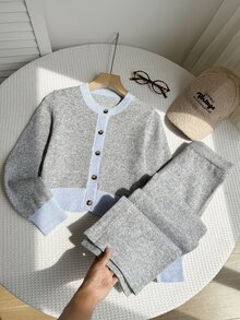 2pcs Tween Girls Teen Girls Casual Contrast Knit Long Sleeve Soft Thick Sweaters Pants Set Fall Outfits Fall Clothes Winter Jumpers Party Christmas - Grey - View 4