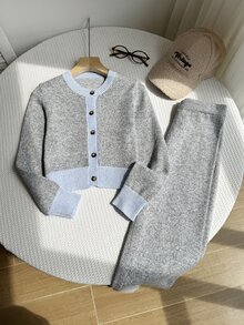 2pcs Tween Girls Teen Girls Casual Contrast Knit Long Sleeve Soft Thick Sweaters Pants Set Fall Outfits Fall Clothes Winter Jumpers Party Christmas - Grey - View 1