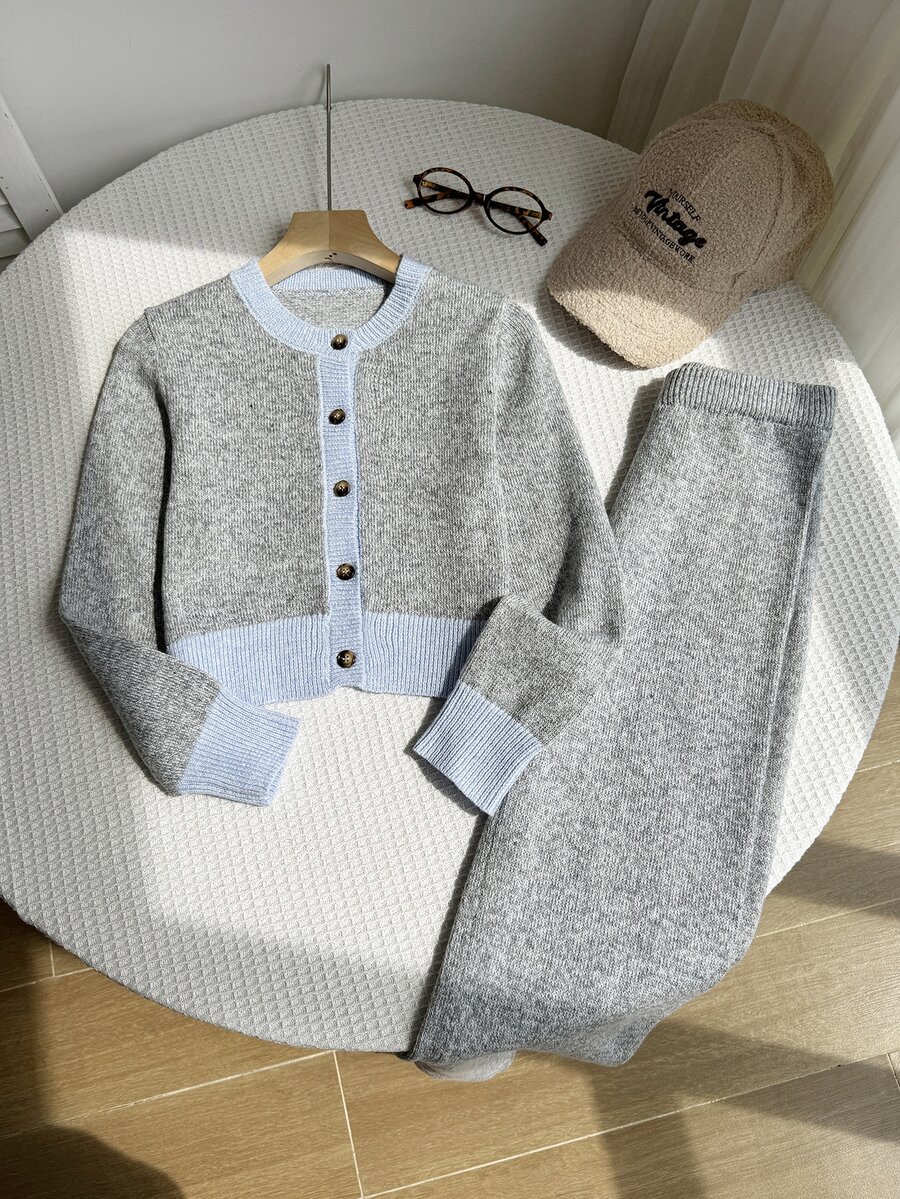 2pcs Tween Girls Teen Girls Casual Contrast Knit Long Sleeve Soft Thick Sweaters Pants Set Fall Outfits Fall Clothes Winter Jumpers Party Christmas - Grey - View 1