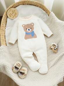SHEIN Baby Boys Knitted Sweater Footed Jumpsuit, Stylish Cute Cartoon Bear Design Autumn Winter - White - View 8