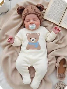 SHEIN Baby Boys Knitted Sweater Footed Jumpsuit, Stylish Cute Cartoon Bear Design Autumn Winter - White - View 7