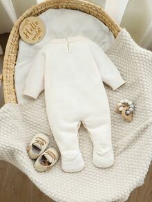 SHEIN Baby Boys Knitted Sweater Footed Jumpsuit, Stylish Cute Cartoon Bear Design Autumn Winter - White - View 2