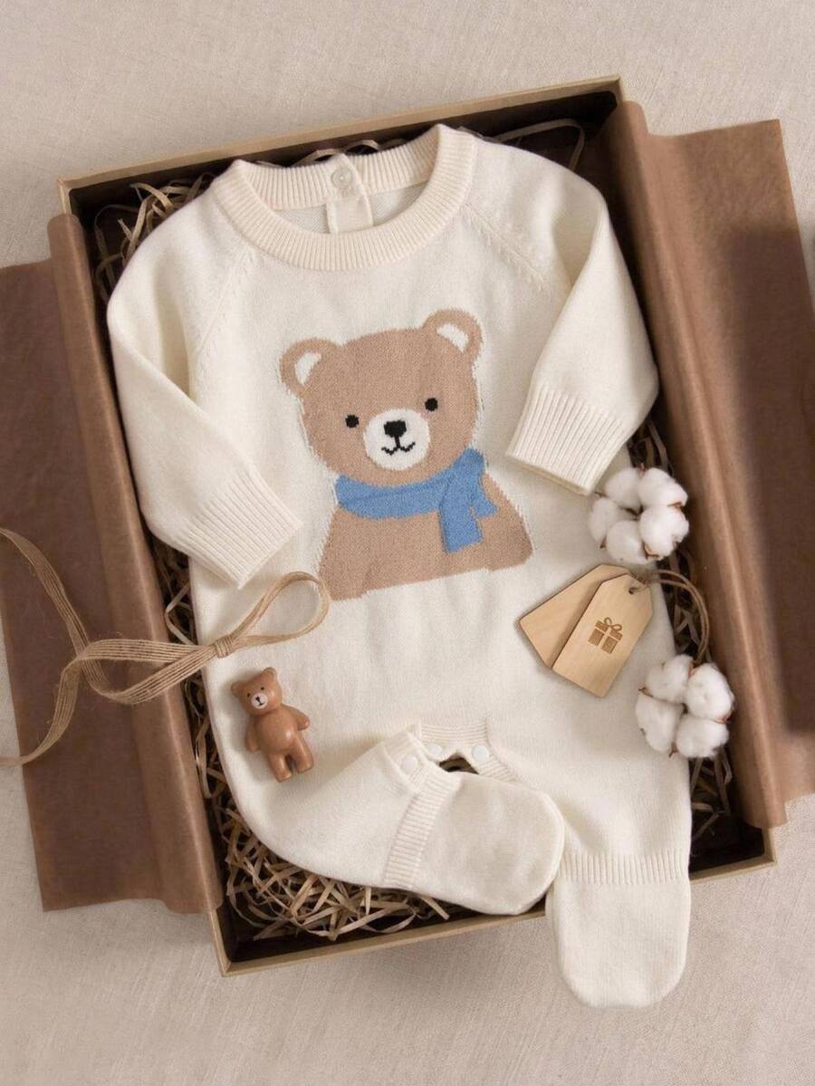 SHEIN Baby Boys Knitted Sweater Footed Jumpsuit, Stylish Cute Cartoon Bear Design Autumn Winter - White - View 1