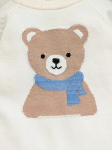 SHEIN Baby Boys Knitted Sweater Footed Jumpsuit, Stylish Cute Cartoon Bear Design Autumn Winter - White - View 3