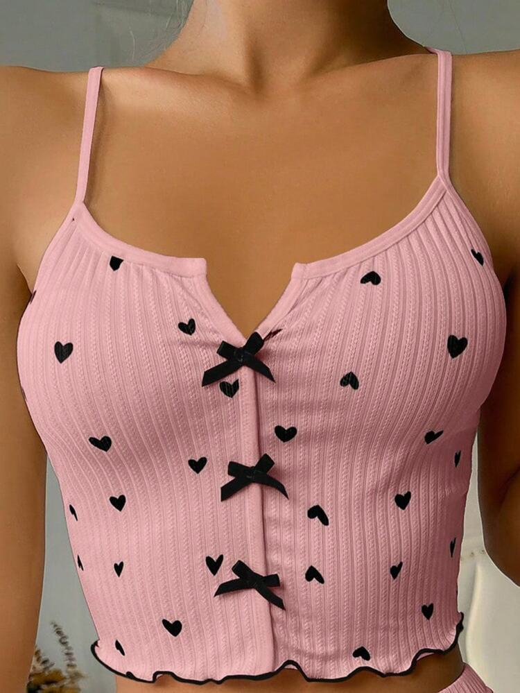 SHEIN Casual Underwear&Sleepwear Women Heart Print Bow Decor Pajama Top - Pink - View 6