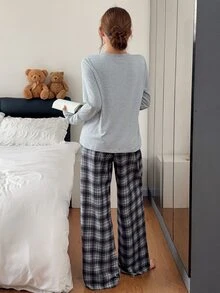 Napfluff Women's Casual Home Knit Long Sleeve Top & Plaid Print Long Pants Pajama Set - Grey - View 2