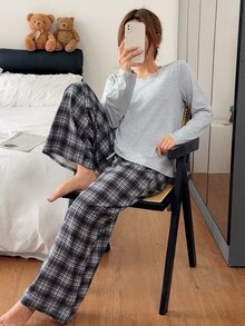 Napfluff Women's Casual Home Knit Long Sleeve Top & Plaid Print Long Pants Pajama Set - Grey - View 3