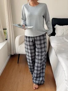 Napfluff Women's Casual Home Knit Long Sleeve Top & Plaid Print Long Pants Pajama Set - Grey - View 6