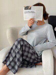 Napfluff Women's Casual Home Knit Long Sleeve Top & Plaid Print Long Pants Pajama Set - Grey - View 5