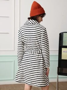 Chillnights Women's Young Casual Colorblock Striped Plush Tie-Front Robe - Black and White - View 4
