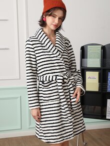Chillnights Women's Young Casual Colorblock Striped Plush Tie-Front Robe - Black and White - View 2