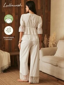Lullawish Women's Lace Patchwork V-Neck Top And Long Pants Casual Daily Home Sleepwear Set - White - View 2