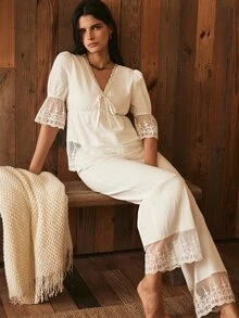 Lullawish Women's Lace Patchwork V-Neck Top And Long Pants Casual Daily Home Sleepwear Set - White - View 6