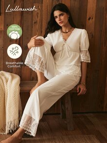 Lullawish Women's Lace Patchwork V-Neck Top And Long Pants Casual Daily Home Sleepwear Set - White - View 3