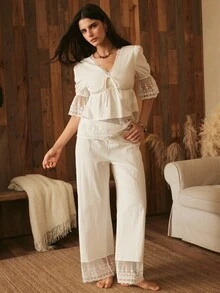 Lullawish Women's Lace Patchwork V-Neck Top And Long Pants Casual Daily Home Sleepwear Set - White - View 5