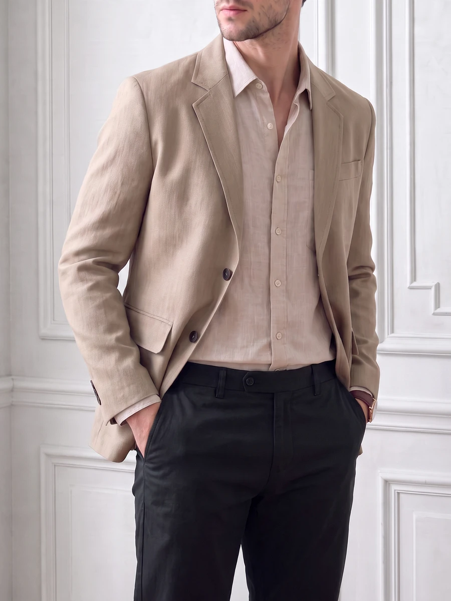 Core Aspect Men's Old Money Style Solid Color Button Long Sleeve Blazer For Business Office, Formal - Khaki - View 1