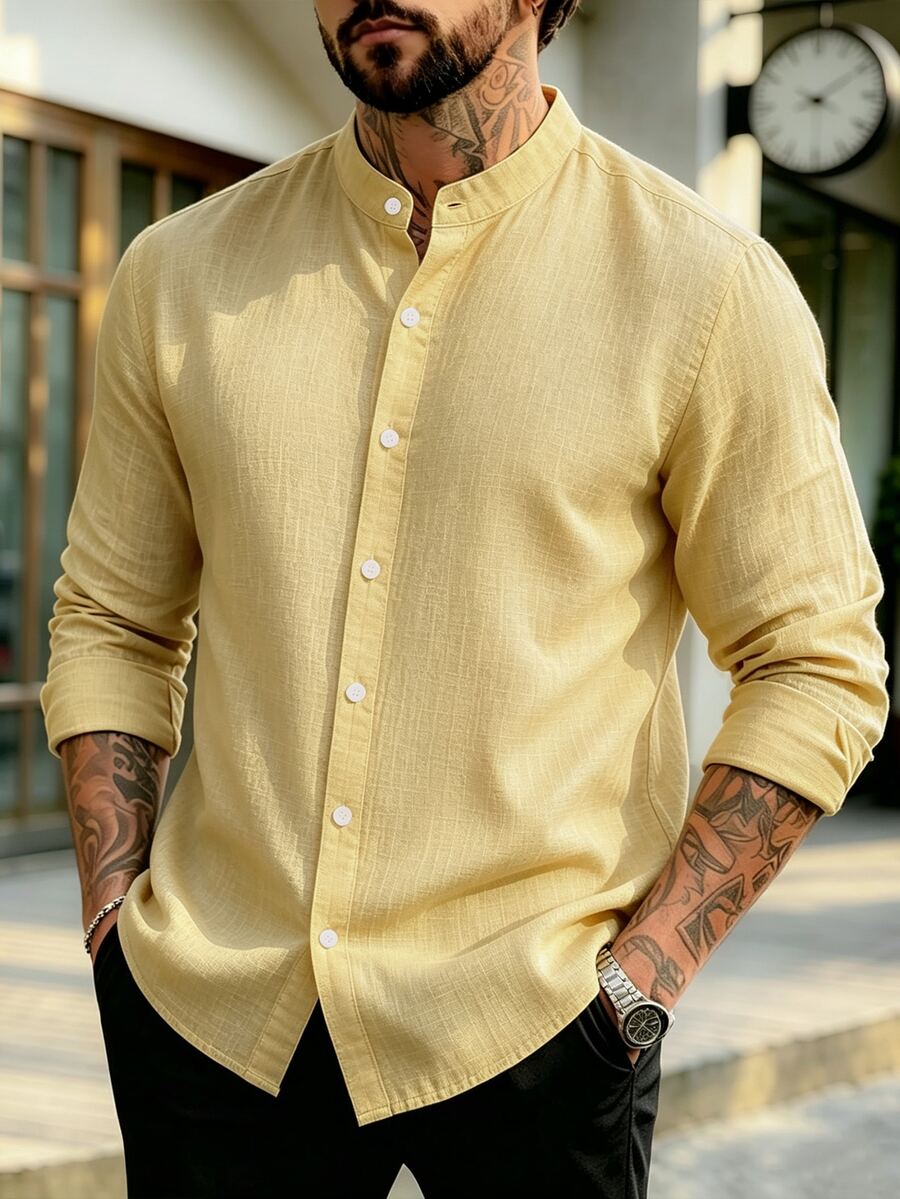 Manfinity Homme Men's Minimalist Versatile Single-Breasted Long Sleeve Shirt For Office And Commute - Yellow - View 1