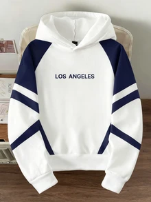 Manfinity Joysei Standard Fit Men's Casual Colorblock Patchwork LA Letter Print Hoodie, Suitable For Autumn/Winter, School, Outdoor, Long Sleeve Top - Blue and White - View 3