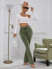 Selenza 休闲水洗毛边修身喇叭牛仔裤 - 軍綠色 - 查看 5