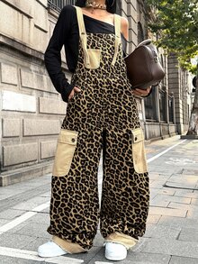 StreetHx Casual Street Style Leopard Print Cargo Overall Jumpsuit With Contrast Pockets, Loose Drape, Versatile Sleeveless Wide Leg Denim Dungarees - Multicolor - View 7