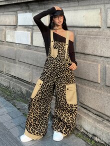 StreetHx Casual Street Style Leopard Print Cargo Overall Jumpsuit With Contrast Pockets, Loose Drape, Versatile Sleeveless Wide Leg Denim Dungarees - Multicolor - View 6
