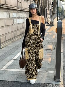StreetHx Casual Street Style Leopard Print Cargo Overall Jumpsuit With Contrast Pockets, Loose Drape, Versatile Sleeveless Wide Leg Denim Dungarees - Multicolor - View 1