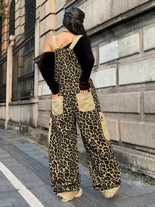 StreetHx Casual Street Style Leopard Print Cargo Overall Jumpsuit With Contrast Pockets, Loose Drape, Versatile Sleeveless Wide Leg Denim Dungarees - Multicolor - View 2