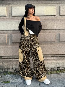 StreetHx Casual Street Style Leopard Print Cargo Overall Jumpsuit With Contrast Pockets, Loose Drape, Versatile Sleeveless Wide Leg Denim Dungarees - Multicolor - View 4