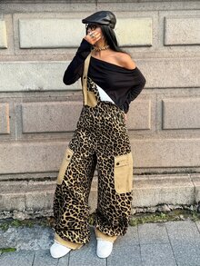 StreetHx Casual Street Style Leopard Print Cargo Overall Jumpsuit With Contrast Pockets, Loose Drape, Versatile Sleeveless Wide Leg Denim Dungarees - Multicolor - View 5