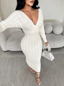 SHEIN SXY White Off-Shoulder Long Sleeve Fitted Long Knit Dress - White - View 4