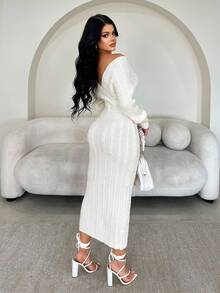 SHEIN SXY White Off-Shoulder Long Sleeve Fitted Long Knit Dress - White - View 2